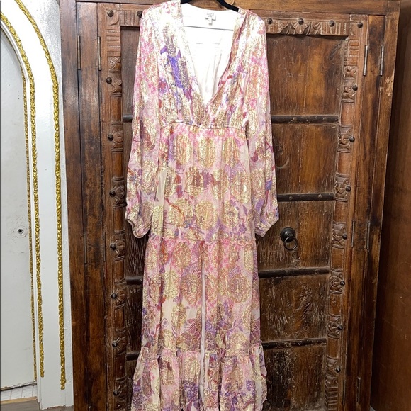 Hemant & Nandita Amal Long Dress • Lilac Gold Metallic Floral Maxi • Size Small - Picture 5 of 11